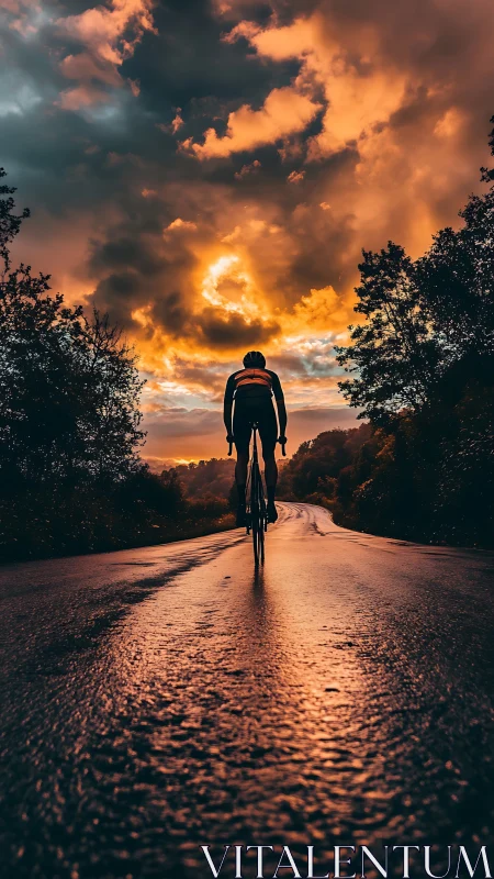 Cyclist Climbs Mountain Road Against Dramatic Sunset Sky.