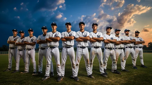 Confident baseball team standing united at sunset on field.