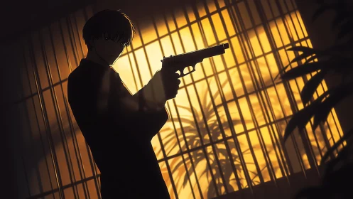Cinematic anime assassin silhouette in backlit shoji interior.