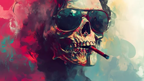 Skull with sunglasses and cigar in vivid abstract smoke.