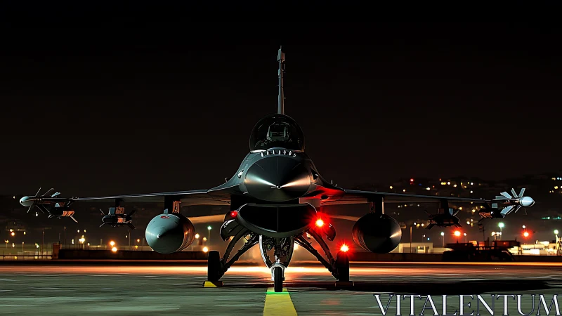 Stealth fighter jet waits on illuminated runway at night.