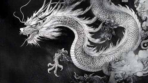 Ink dragon coils through storm clouds in monochrome fury.