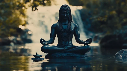 Meditating Buddha statue in tranquil waterfall dusk light.
