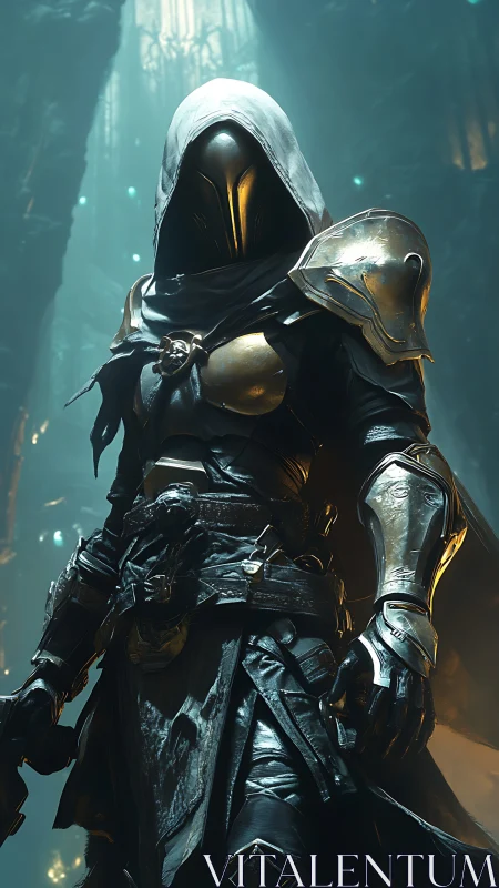 Hooded Paladin Sentinel in Gilded Armor, Vertical Composition.