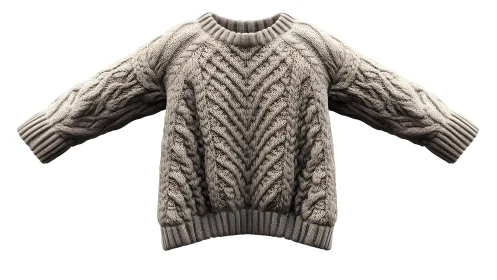 Cozy gray cable-knit sweater in classic winter style on white background.