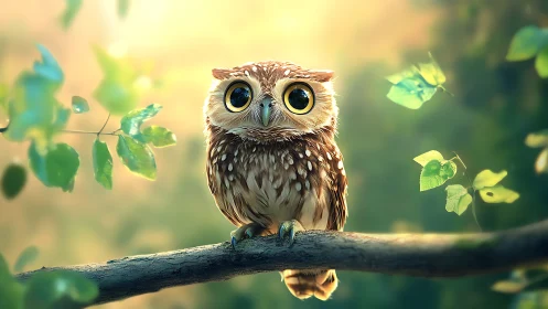 Wide-eyed baby owl perched on branch in magical forest scene.