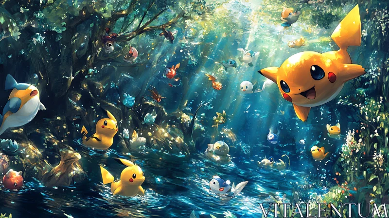 Pokemon characters float and swim through a sunlit forest stream