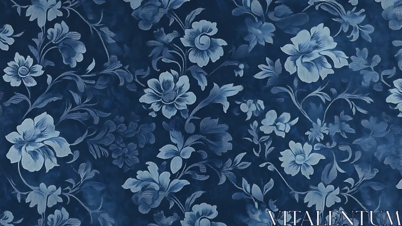 Monochrome blue floral pattern with etched shading on dark ground