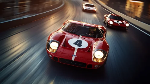 Vintage red race cars storm night track in tight pursuit.