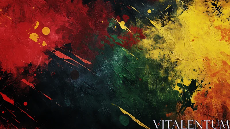 Triadic pigment collision with textured impasto and dynamic splatter fields