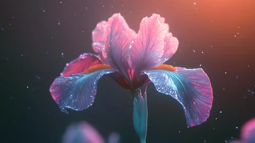 Iris Bloom with Iridescent Petal Structure and Luminous Particle Scattering