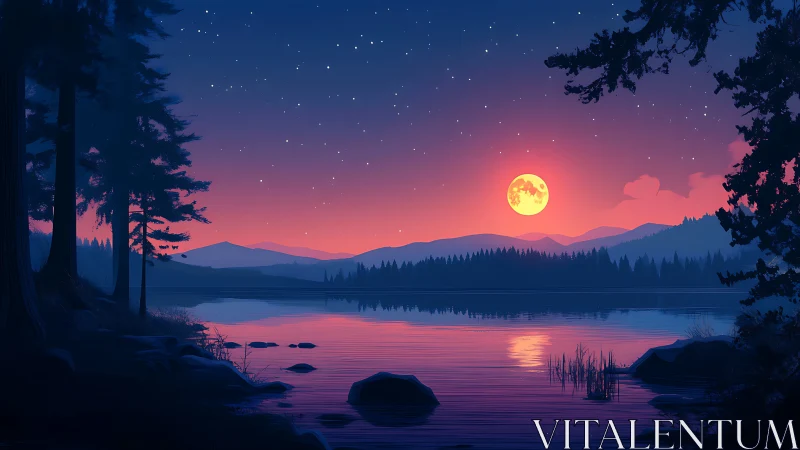 Lunar-reflective alpine lake at twilight in digital gradient rendering.