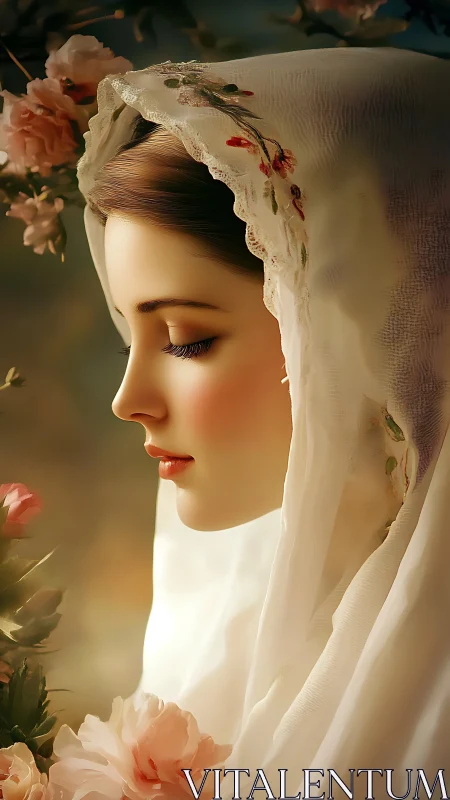 Serene veiled portrait amid roses in warm diffused light.