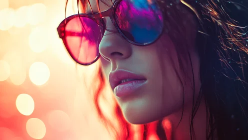 Side profile portrait with reflective sunglasses and bokeh light