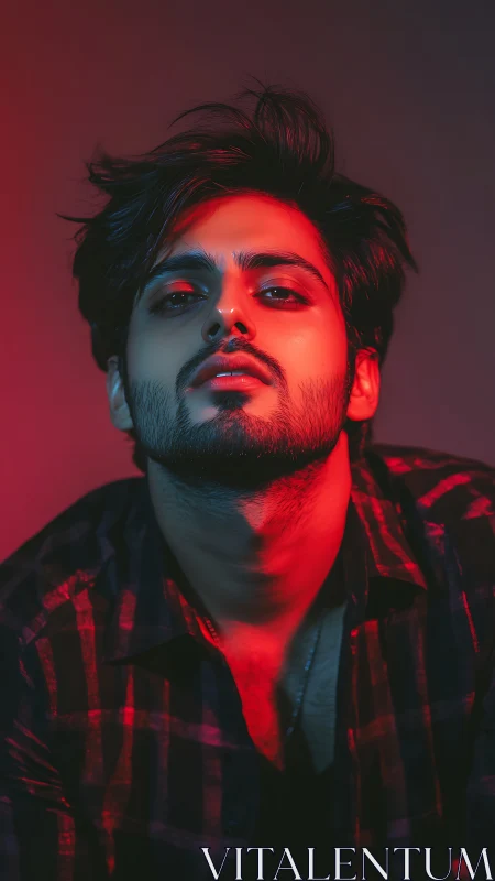 Moody portrait glows with bold red light and quiet attitude