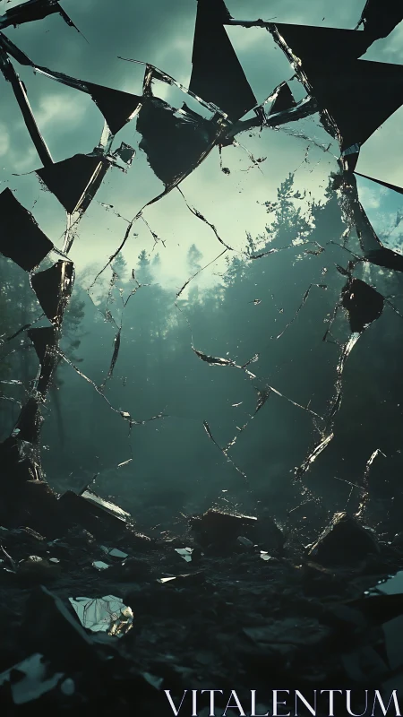 Shattered sky window opens on mist-soaked twilight forest.