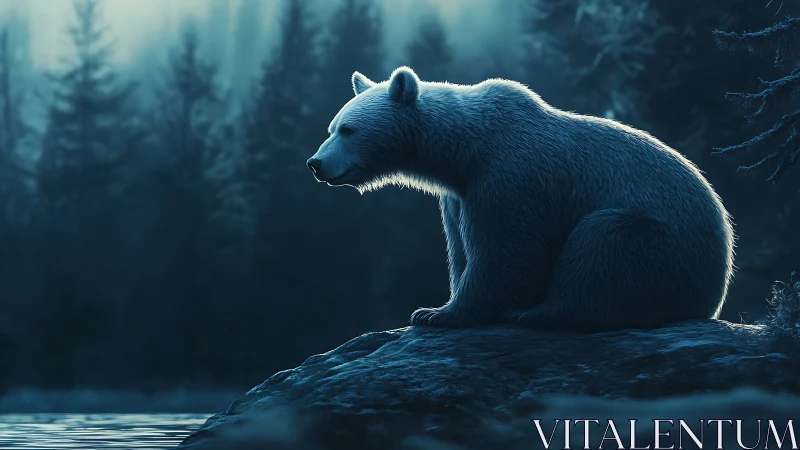 Solitary bear rests by a moonlit forest lake in silence