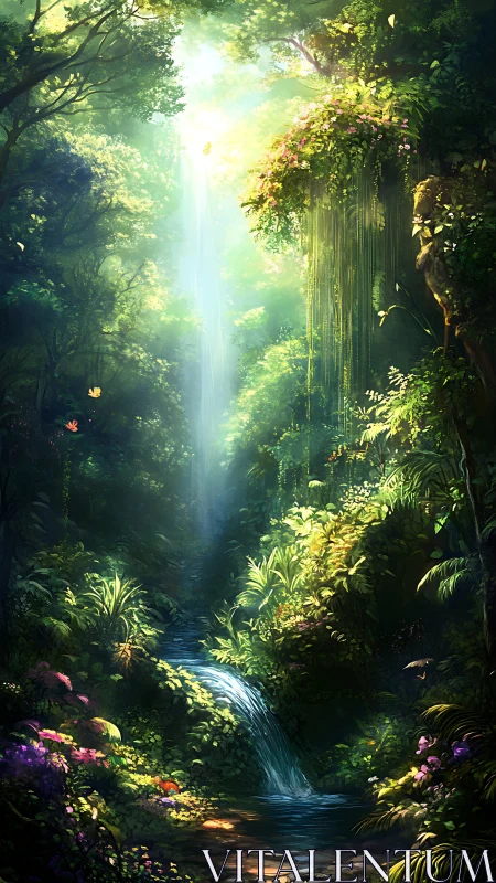 Luminous Forest Canyon Stream Ravine. Digital painting.