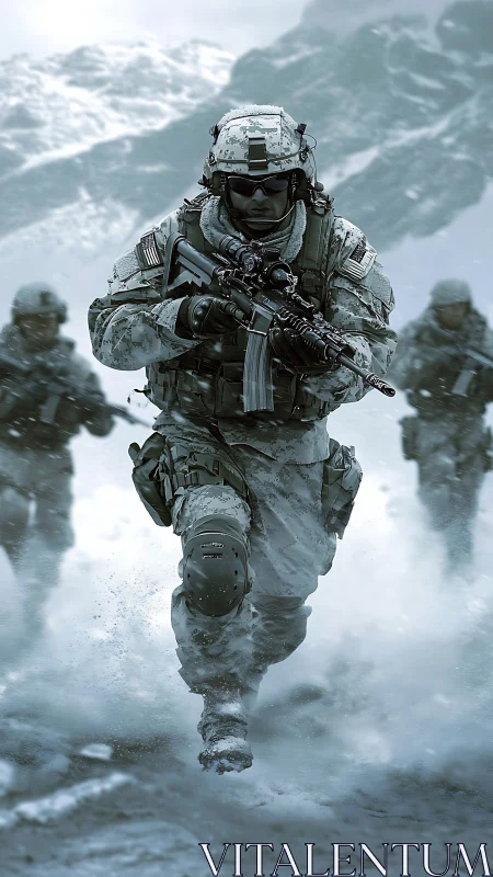Snowbound tactical squad charging through icy mountains.
