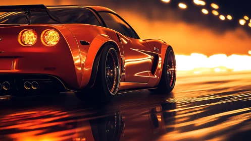 Orange sports coupe on wet road under blurred tunnel lights.