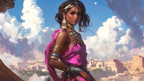 Regal desert woman gazes over ancient sunlit cityscape.