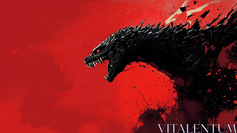 Jagged black kaiju profile erupts against saturated red void