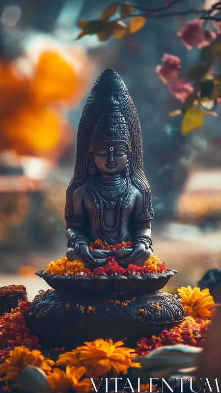 Bronze Hindu deity statue with marigold floral offerings in bokeh shrine