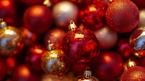 Red and gold Christmas baubles in close festive cluster.