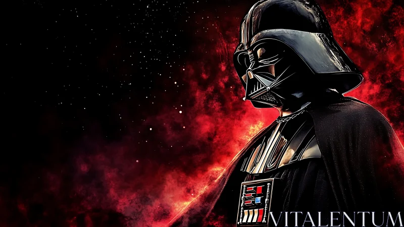 Helmeted dark figure in profile dominates a nebular red void