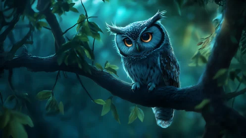 Enchanting Owl on Tree Branch in Magical Forest Digital Art.