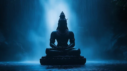 Photorealistic Shiva silhouette under cascading blue waterfall.