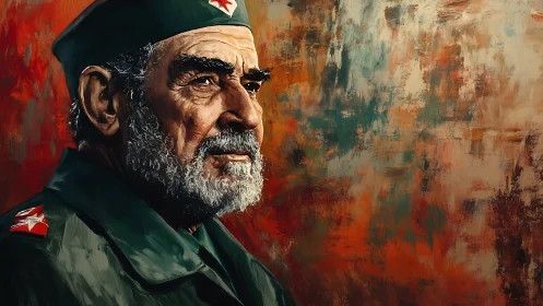 Weathered commander bathed in swirling autumn light.