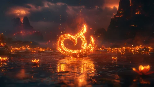 Fiery Phoenix Rising from Infernal Waters with Floating Luminous Elements