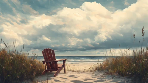Solitary red Adirondack chair on dune path facing ocean horizon