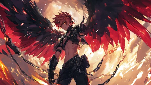 Fiery winged warrior rises boldly against a blazing sky