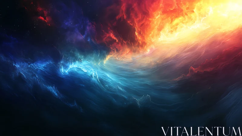 Vivid abstract nebula with blue and fiery red waves.