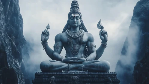 Large seated deity statue is positioned between steep cliffs