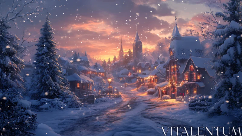 Snow-kissed village street glowing under a gentle sunset sky.