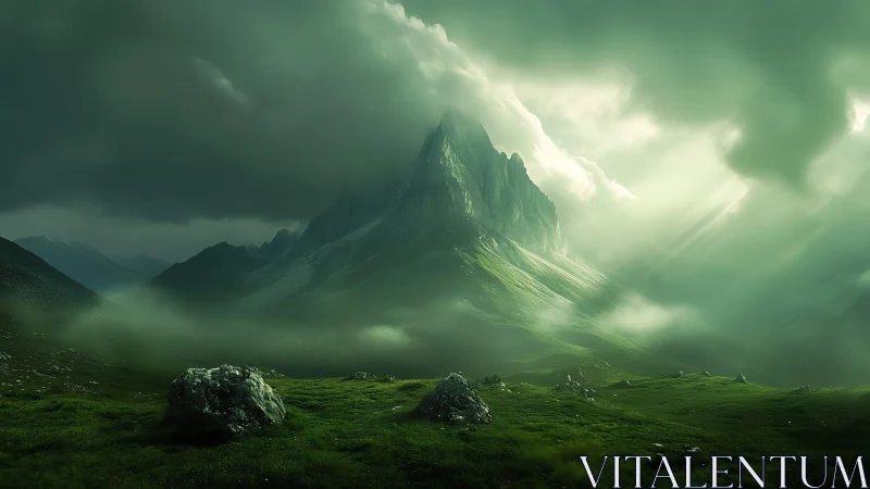 Moody green mountain peak under dense storm clouds.
