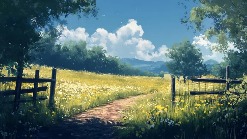 Sunlit wildflower meadow path with wooden farm gate under blue sky