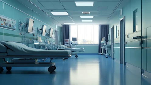 Modern empty hospital ward with beds and monitors visible.
