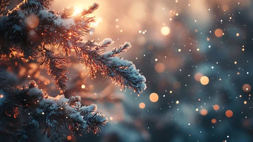 Snow dusted fir branches glow in warm winter twilight light