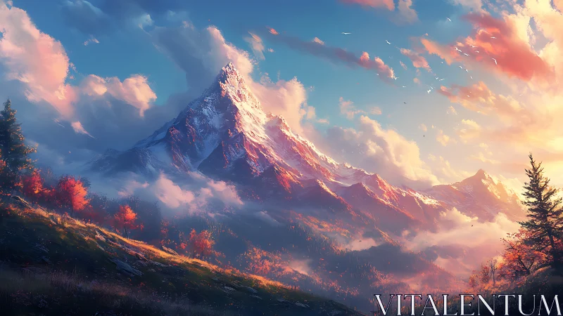 Alpine peak at sunrise with autumnal forest and low cloud inversion