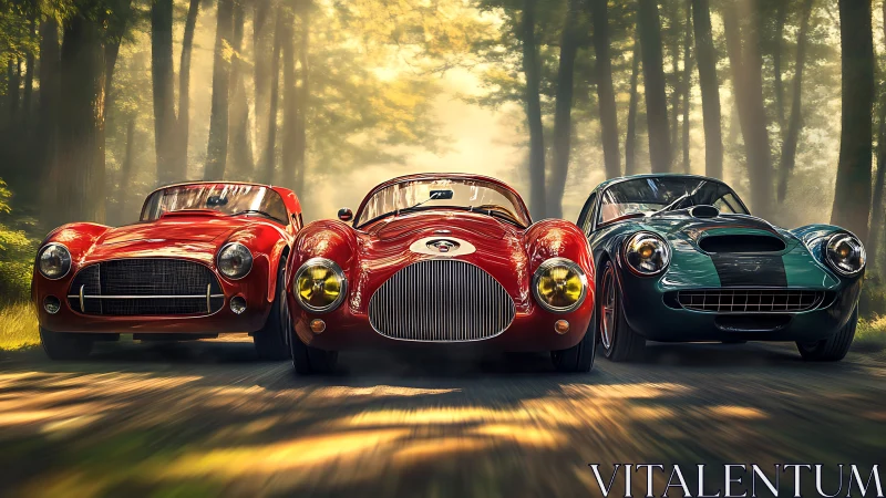 Photorealistic trio of vintage racing cars in sunlit forest drive.