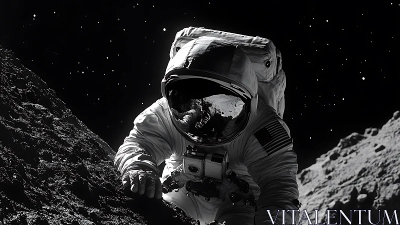 Lone astronaut climbs rough lunar ridge under star field.