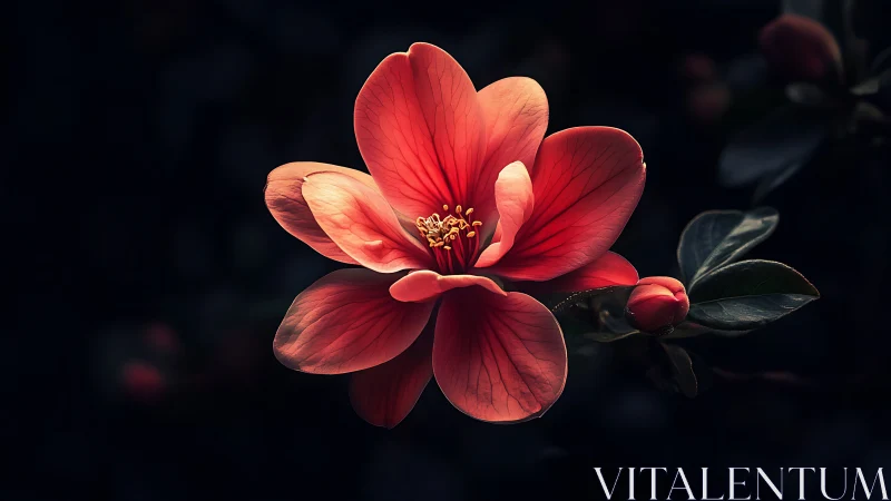 Luminescent Red Flower with Intricate Petal Veining and Golden Stamen.