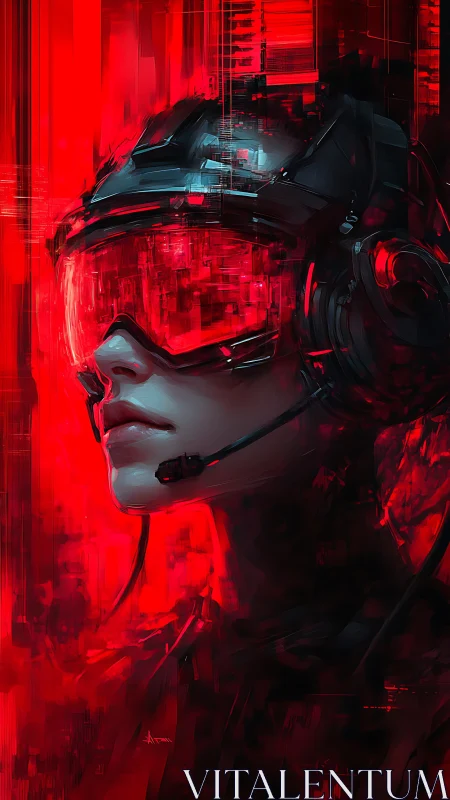 Cybernetic operator portrait with red HUD visor and headset