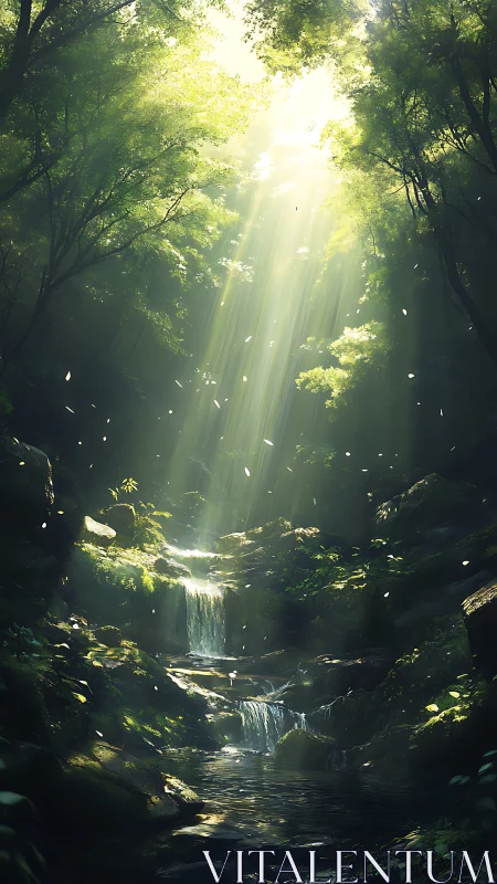 Forest Waterfall with Heavenly Light Rays Streaming Through Canopy
