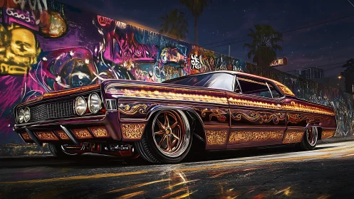 Lowrider at night with ornate candy paint and neon reflections.
