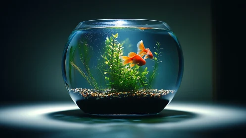 Illuminated glass fishbowl with goldfish and aquatic plants